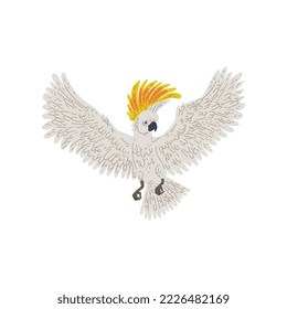White Cockatoo parrot flying with wings spread, flat vector illustration isolated on white background. Tropical or jungle nature parrot bird image for prints and decor.