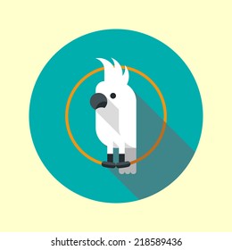 White cockatoo parrot long shadow flat design icon. Vector illustration.