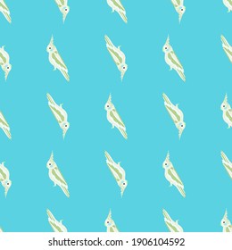 White cockatoo parrot seamless pattern in doodle cartoon childish style. Blue background. Simple design. Vector illustration for seasonal textile prints, fabric, banners, backdrops and wallpapers.
