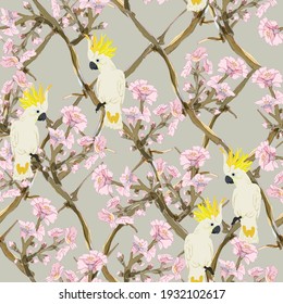 White cockatoo parrots on a lattice of pink almond branches. Seamless vector pattern. Tropical birds and flowers on grey background. Square design for fabric, wallpaper, wrapping, invitation.