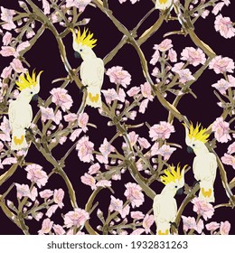 White cockatoo parrots on a lattice of pink almond branches. Seamless vector pattern. Tropical birds and flowers on black background. Square design for fabric, wallpaper, wrapping, invitation.