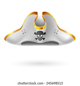 White cocked hat with pirate symbol of skull and crossed bones