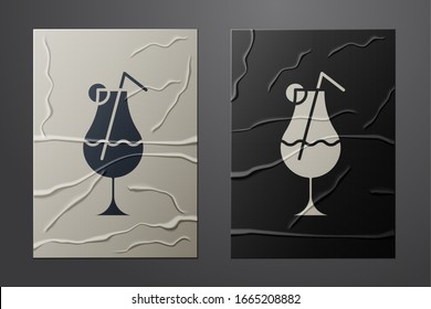 White Cocktail and alcohol drink icon isolated on crumpled paper background. Paper art style. Vector Illustration