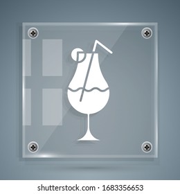 White Cocktail and alcohol drink icon isolated on grey background. Square glass panels. Vector Illustration