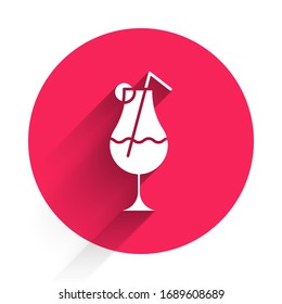 White Cocktail and alcohol drink icon isolated with long shadow. Red circle button. Vector Illustration