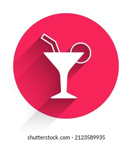 White Cocktail and alcohol drink icon isolated with long shadow background. Red circle button. Vector