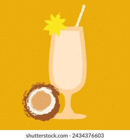 White cocktail with anise star and coconut. Pina colada in hurricane glass. Milkshake. Drink made with plant milk. Alcohol drink for bar. Non-alcoholic beverage. Flat vector illustration with texture