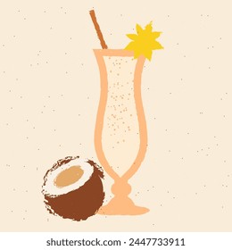 White cocktail with anise star and coconut. Pina colada in hurricane glass. Milkshake. Tropical cocktail. Alcohol drink for bar. Non-alcoholic beverage. Flat vector illustration with texture