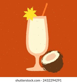 White cocktail with coconut, milk and anise. Pina colada. Milkshake. Cold soft liquid. Alcohol drink for bar. Stemware with cream. Non-alcoholic beverage. Flat vector illustration with texture