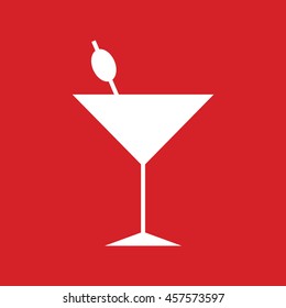 White cocktail glass vector silhouette icon. Red background
