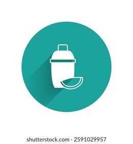 White Cocktail shaker with lime icon isolated with long shadow. Green circle button. Vector