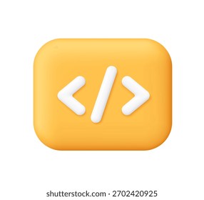Símbolo de codificación blanco en Botón cuadrado amarillo. Símbolos de Python o Java Api. Etiquetas de código o programación. Concepto de programación, codificación y desarrollo de Web. Icono de Vector 3D. Estilo minimalista de dibujos animados.