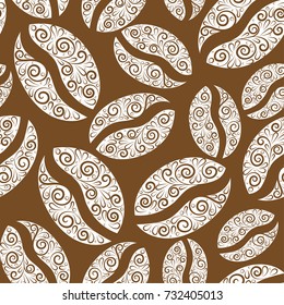 White coffee bean with brown bacground, vector seamless repeat pattern, detailed illustration, great for fabric and textile, prints, invitation, packaging, greeting cards or any desired idea.