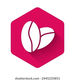 White Coffee beans icon isolated with long shadow background. Pink hexagon button. Vector