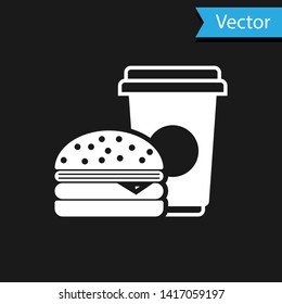 White Coffee and burger icon isolated on black background. Fast food symbol. Vector Illustration