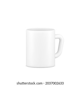 White coffee cup 3d icon. Volumetric cup for hot tea. Snack and break symbol. Modern design for morning cappuccino. Invigorating relaxation of hot mocha. Realistic isolated vector