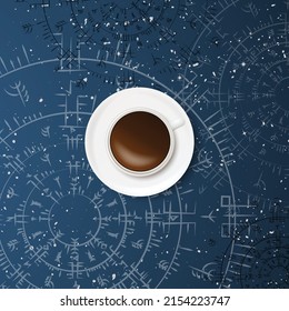 White coffee cup background with blue Scandinavian rune circles