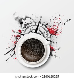 White coffee cup background with compass silhouette and ink blots pattern