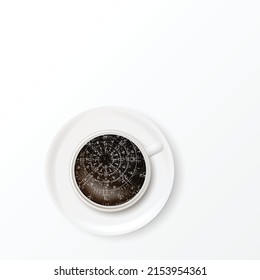 White coffee cup background with grey Scandinavian rune circles. Univers or night sky in cup of tea
