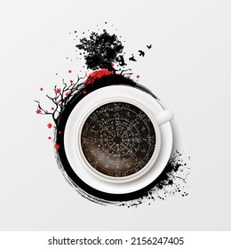 White coffee cup background with grey Scandinavian rune circles