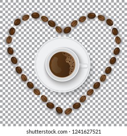 White coffee cup and coffee beans arranged in a heart shape on transparent background, Vector illustration