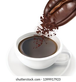 White coffee Cup with coffee beans isolated on white background, view from top. of free space for your copy and branding. Food concept template.
