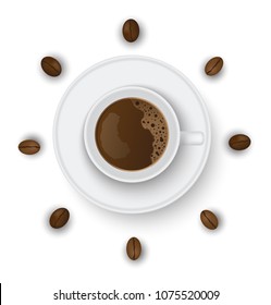 White coffee cup and coffee beans surround