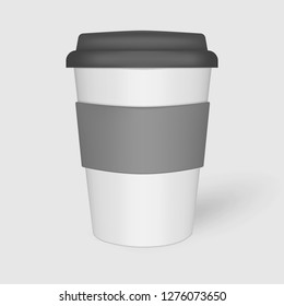 White Coffee Cup With Black Lid And Protect Sleeve, Mock-up. Travel Eco Mug, Mockup. Vector Template.