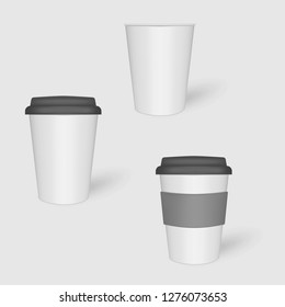 White Coffee Cup With Black Lid And Protect Sleeve, Mock-up. Travel Eco Mug, Mockup. Vector Template.