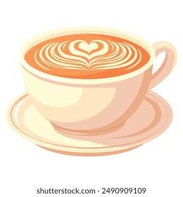 A white coffee cup with cappuccino stands on a white saucer. The cup is filled with aromatic creamy drink. The heart-shaped foam adds a touch of warmth and tenderness.