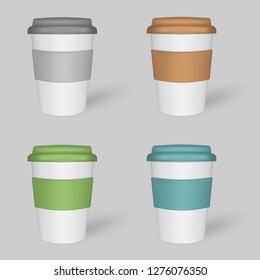 White Coffee Cup With Colored Lid And Protect Sleeve, Mock-up Set. Travel Eco Mug, Mockup. Vector Template.