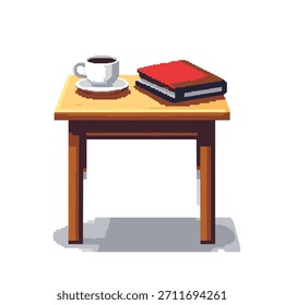 Una taza de café blanca con una bebida oscura y un libro rojo que descansa sobre una Pequeña mesa de madera marrón claro, representada en un estilo de pixel art.