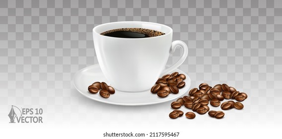 White coffee cup with dark roasted coffee beans, americano, espresso, mocha, arabica, hot beverage, isolated objects, realistic vector illustration