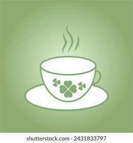 white coffee cup decorated with clover leaves, symbol for St. Patrick's Day party, vector
