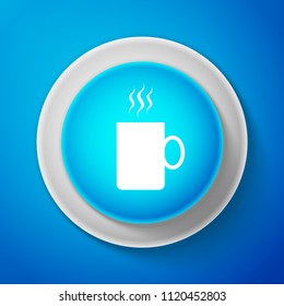 White Coffee cup flat icon isolated on blue background. Tea cup. Hot drink coffee. Circle blue button with white line. Vector Illustration