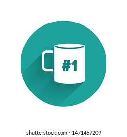 White Coffee cup flat icon isolated with long shadow. Tea cup. Hot drink coffee. Green circle button. Vector Illustration