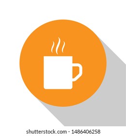 White Coffee cup flat icon isolated on white background. Tea cup. Hot drink coffee. Orange circle button. Vector Illustration