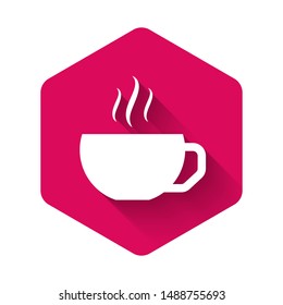 White Coffee cup flat icon isolated with long shadow. Tea cup. Hot drink coffee. Pink hexagon button. Vector Illustration