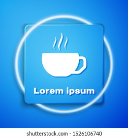 White Coffee cup flat icon isolated on blue background. Tea cup. Hot drink coffee. Blue square button. Vector Illustration