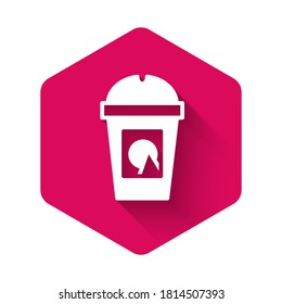 White Coffee cup to go icon isolated with long shadow. Take away print. Pink hexagon button. Vector.