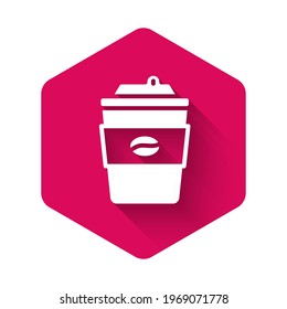 White Coffee cup to go icon isolated with long shadow background. Pink hexagon button. Vector