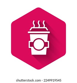 White Coffee cup to go icon isolated with long shadow background. Pink hexagon button. Vector