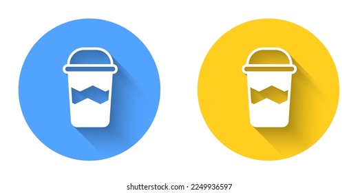 White Coffee cup to go icon isolated with long shadow background. Circle button. Vector