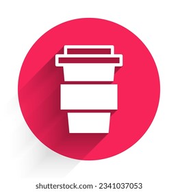 White Coffee cup to go icon isolated with long shadow. Red circle button. Vector Illustration