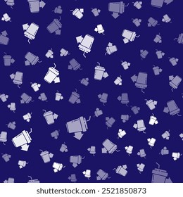 White Coffee cup to go icon isolated seamless pattern on blue background.  Vector Illustration