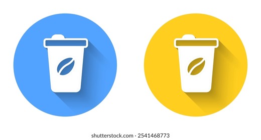 White Coffee cup to go icon isolated with long shadow background. Circle button. Vector