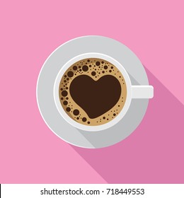 White coffee cup with heart froth, Icon flat design with long shadow on pink background, Love concept idea, Vector illustration