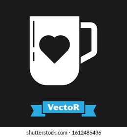 White Coffee cup and heart icon isolated on black background. Couple coffee for lovers on Valentines Day.  Vector Illustration