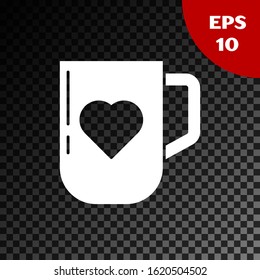 White Coffee cup and heart icon isolated on transparent dark background. Couple coffee for lovers on Valentines Day.  Vector Illustration