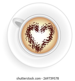 white coffee cup with heart shape made of foam